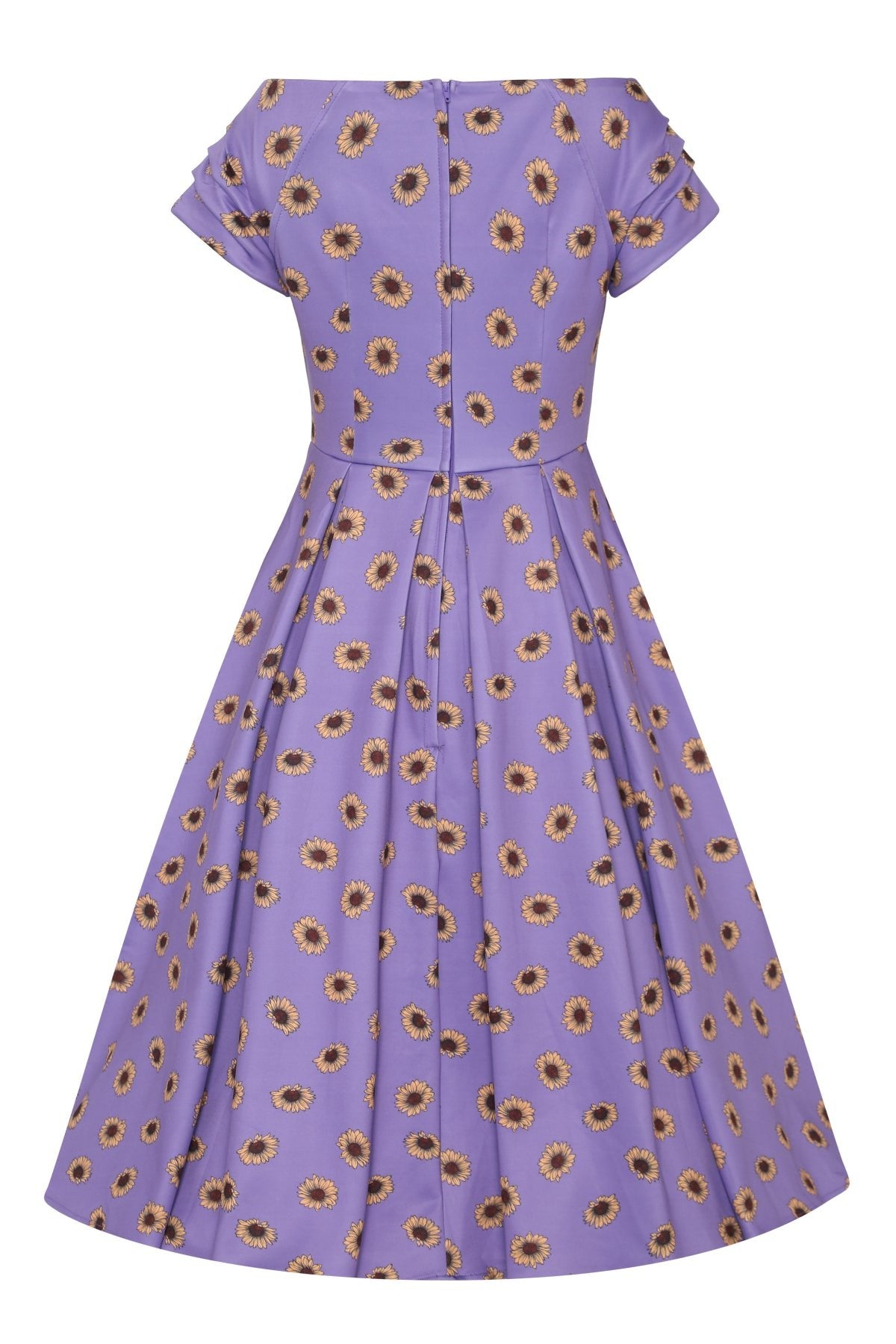 Back view of Purple Off Shoulder Dress With Yellow Sunflowers