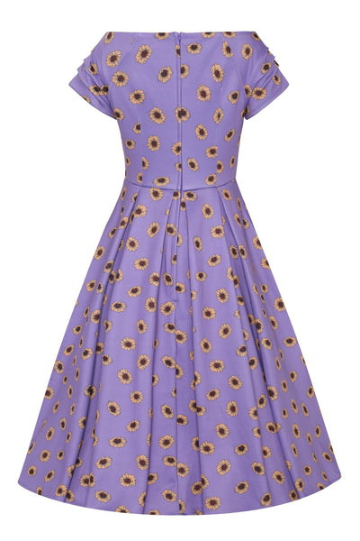 Back view of Purple Off Shoulder Dress With Yellow Sunflowers
