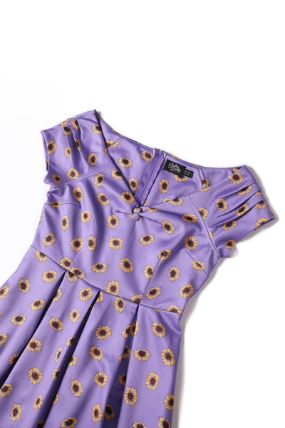 Close upview of Purple Off Shoulder Dress With Yellow Sunflowers