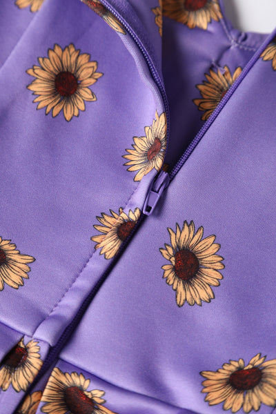 Close up view of Purple Off Shoulder Dress With Yellow Sunflowers