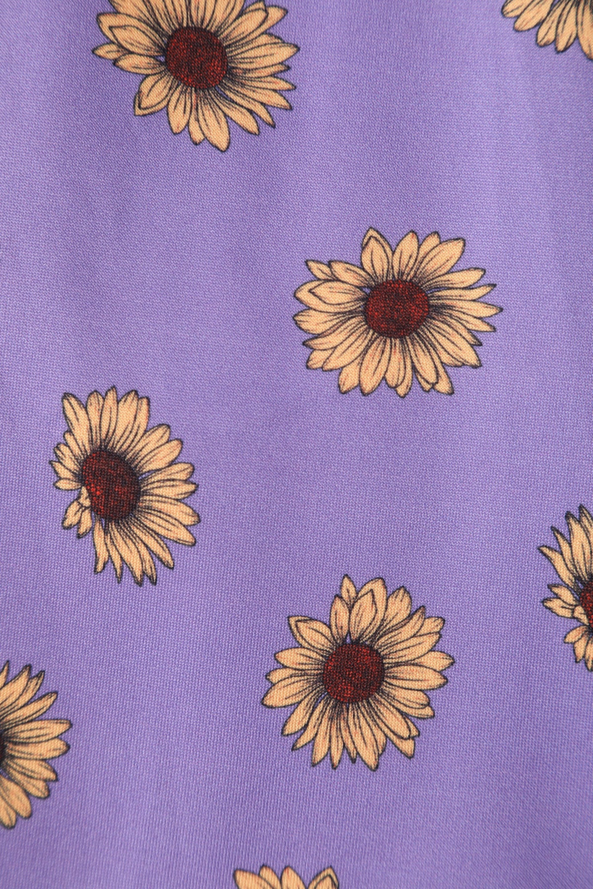 Close upview of Purple Off Shoulder Dress With Yellow Sunflowers