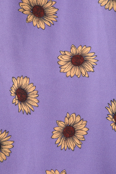 Close upview of Purple Off Shoulder Dress With Yellow Sunflowers