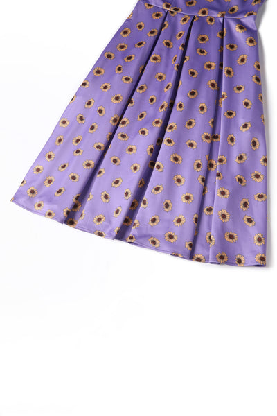 Close upview of Purple Off Shoulder Dress With Yellow Sunflowers