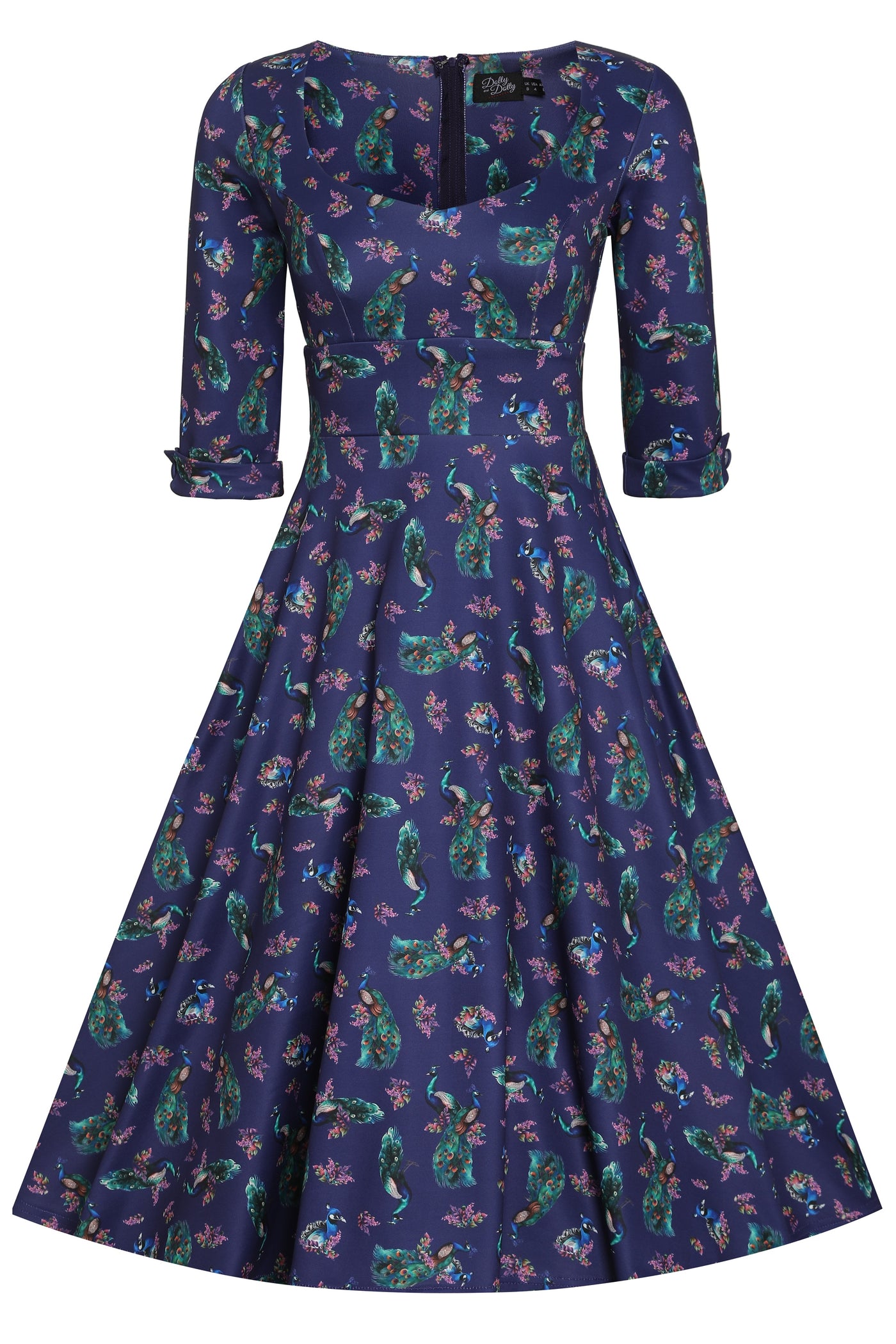 Front view of our long sleeved midi dress, in purple peacock bird print