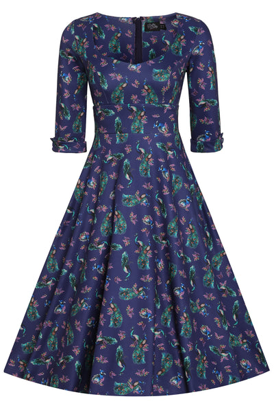 Front view of our long sleeved midi dress, in purple peacock bird print