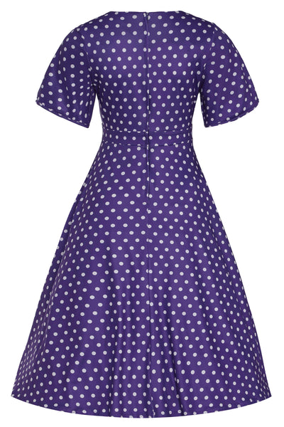 Purple Polka Dot Petal Sleeved Flared Dress