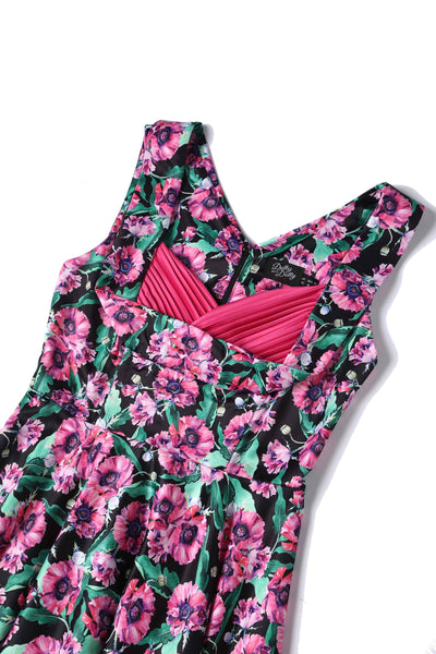 Close up view of Purple Poppy Flowers Print Pleated Bust Dress