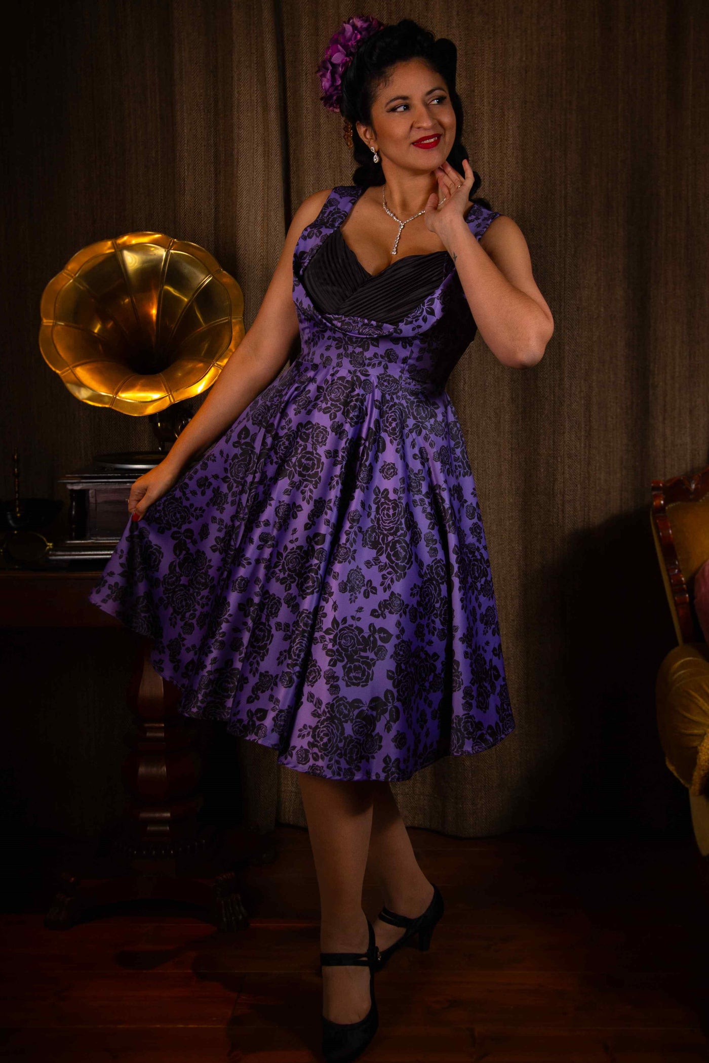 Purple Rose Pleated Bust Dress