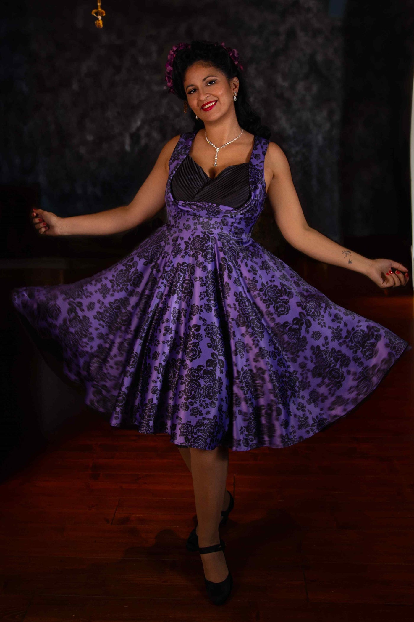 Purple Rose Pleated Bust Dress