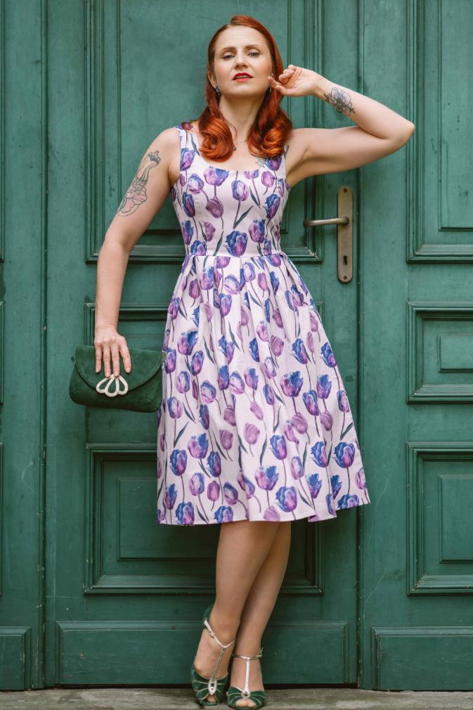 Fifties Style Purple Tulip Swing Dress With Pockets