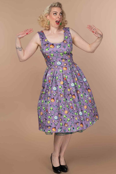 A model wearing a Purple UFO & Alien Swing Dress