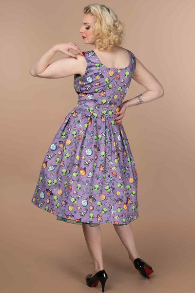 A model wearing a Purple UFO & Alien Swing Dress