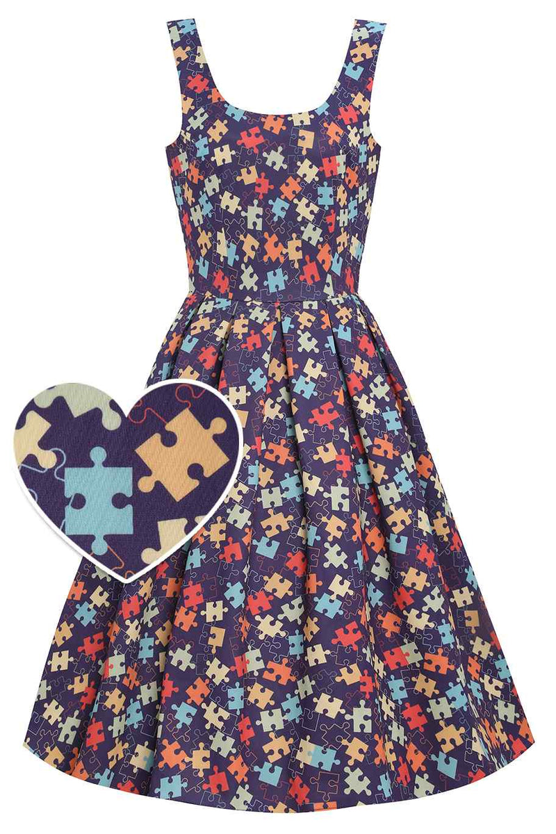 Front view of Puzzle Print Swing Dress
