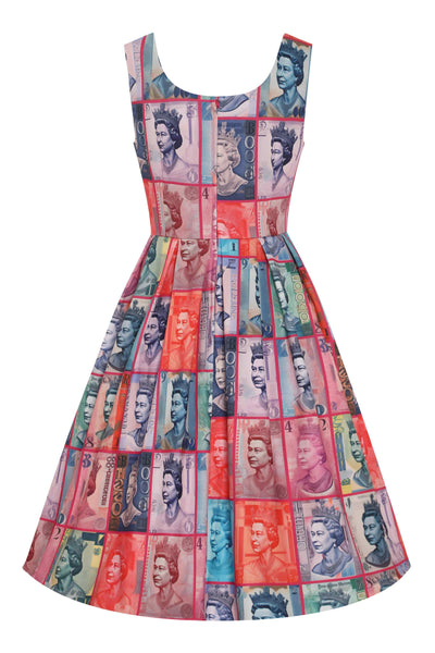 Back view of Queen Elizabeth II Sterling Pound Flared Dress