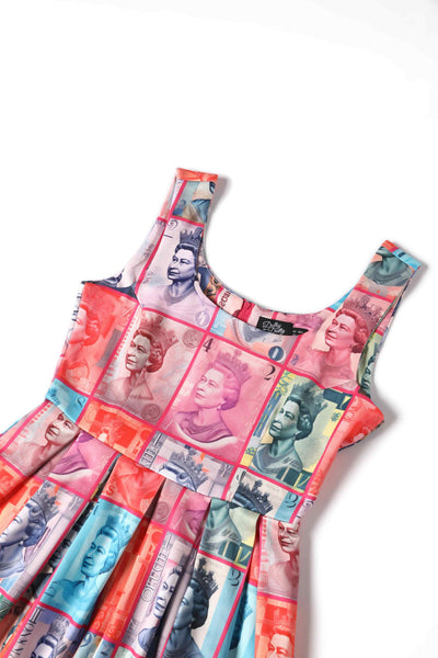 Close up view of Queen Elizabeth II Sterling Pound Flared Dress