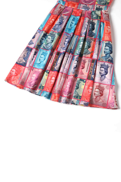 Close up view of Queen Elizabeth II Sterling Pound Flared Dress