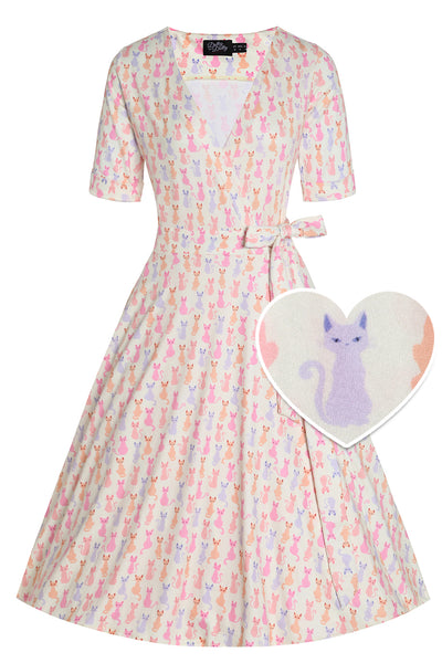 Front View of Rainbow Cat White Wrap Dress