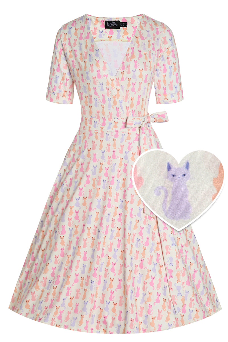 Front View of Rainbow Cat White Wrap Dress