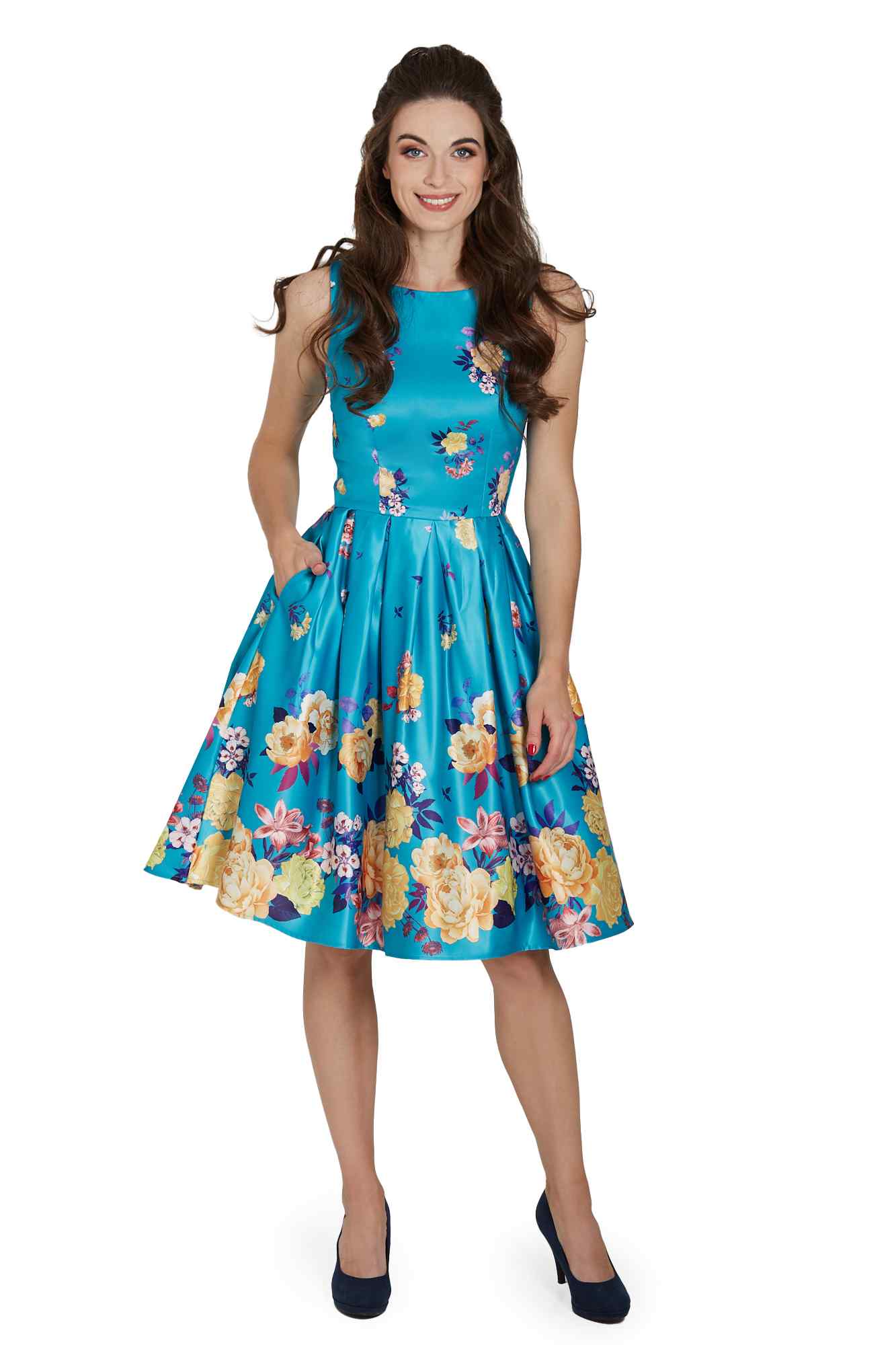Model photo of Raising Flower Swing Dress in Turquoise