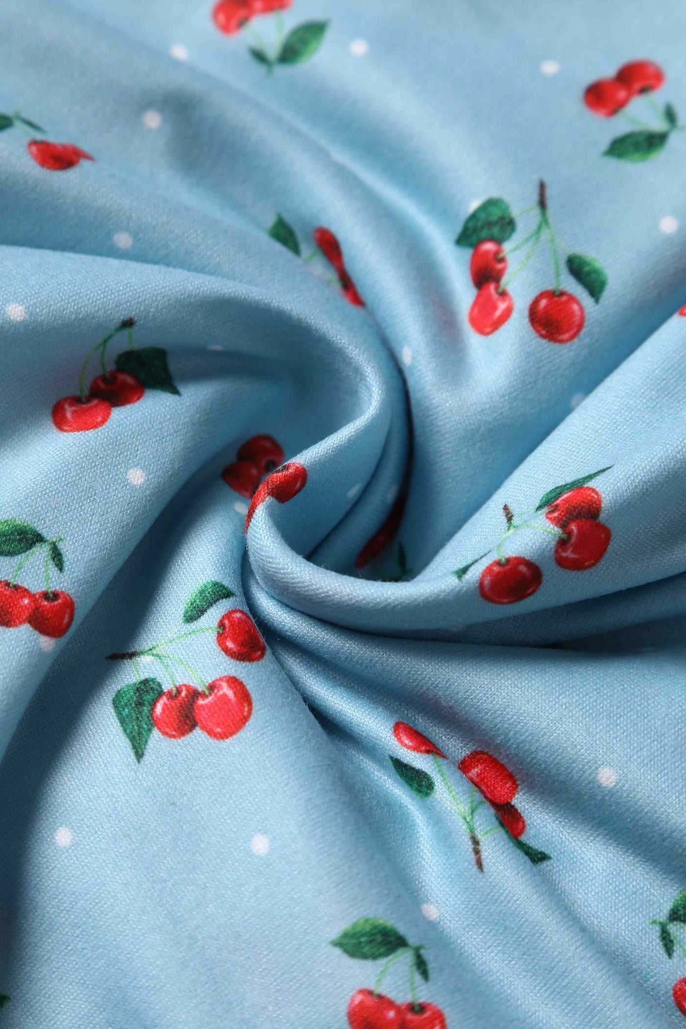 Close up View of Red Cherry Blue Wrap Dress
