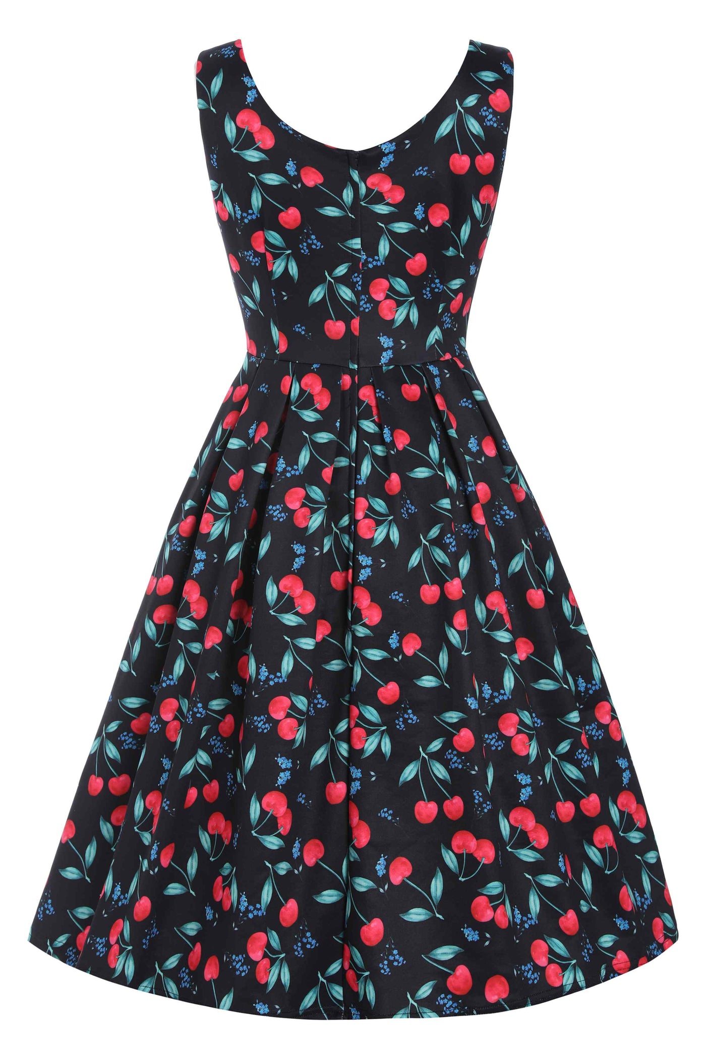 Back view of Red Cherry Box Pleated Circle Dress In Black