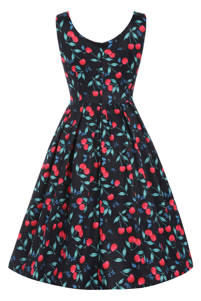 Back view of Red Cherry Box Pleated Circle Dress In Black