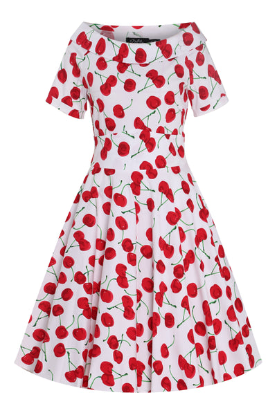 Front view of Red Cherry Dress In White