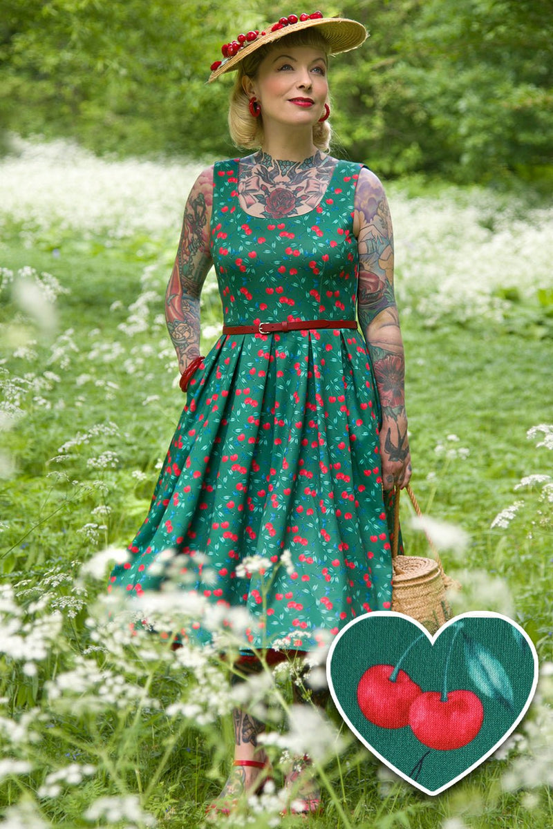 Amanda Red Cherry Flared Dress In Green Amanda Red Cherry Flared Dress In Green