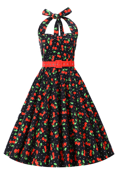 Front view of Daisy Red Cherry Halter Dress In Black