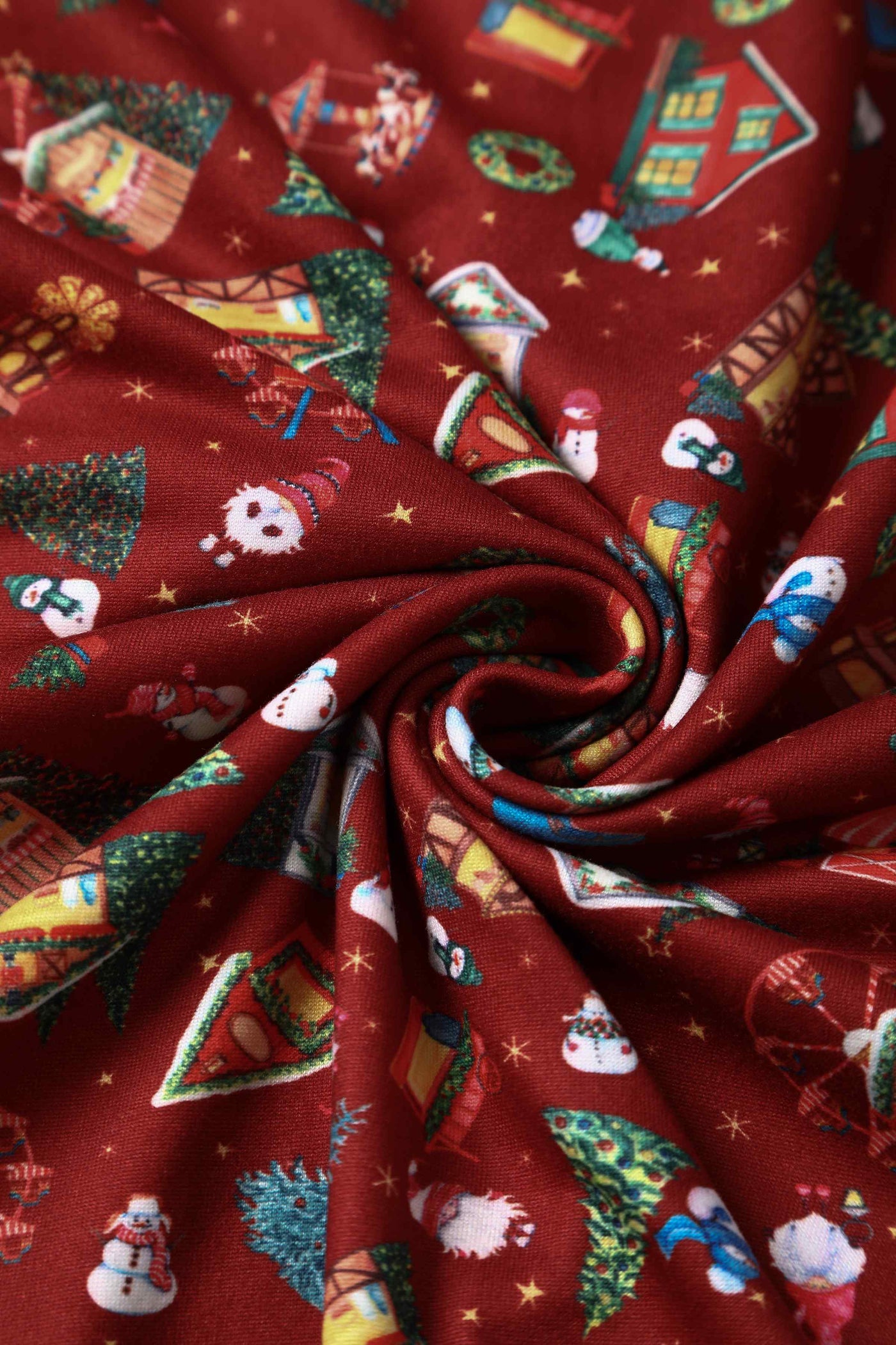  Close up View of red christmas fair print long sleeved swing dress