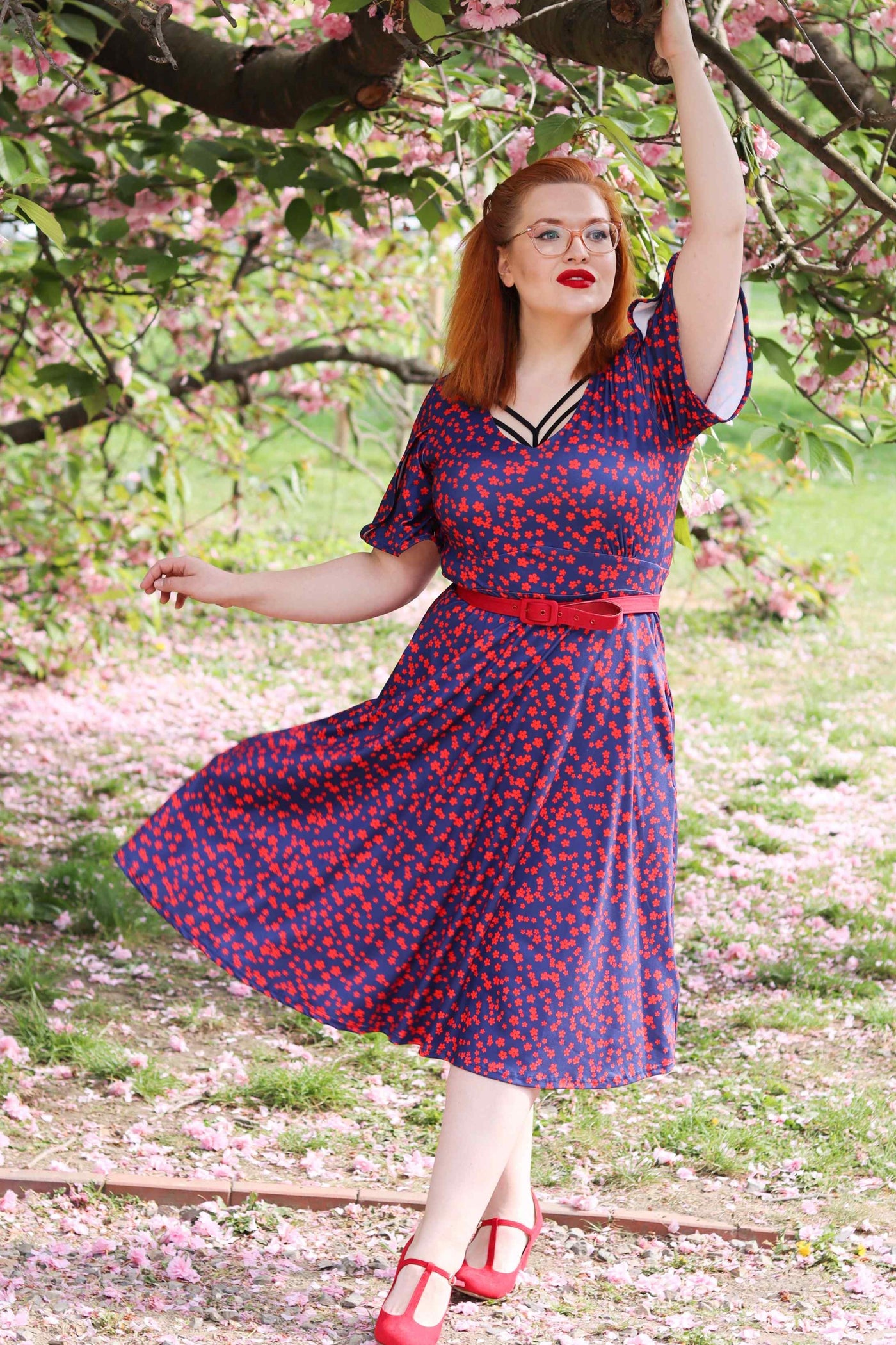 Sleeved Tea Dress in Navy Blue Ditsy Floral Print