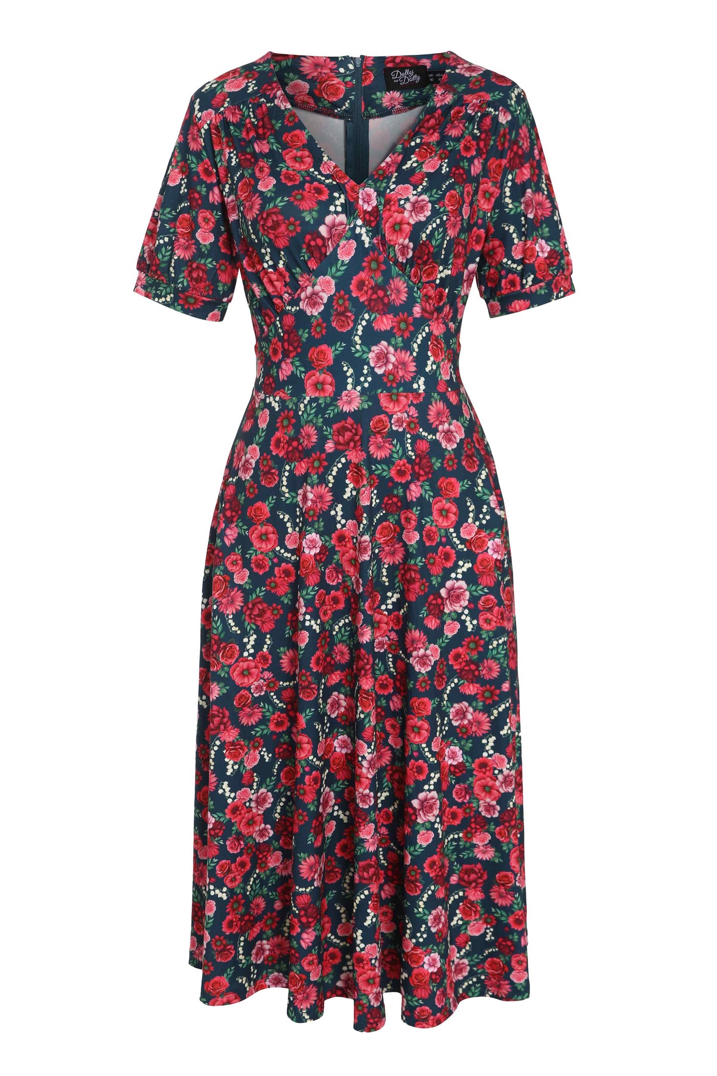 Red Floral Midi Dress In Petrol Blue