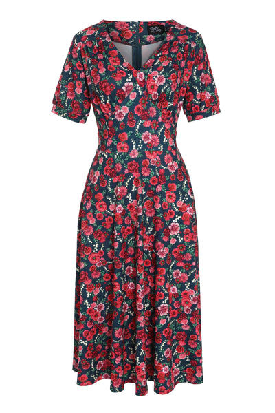 Red Floral Midi Dress In Petrol Blue