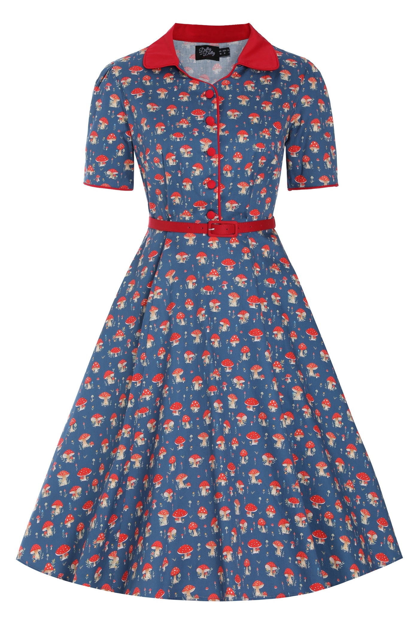 Front view of Red Mushroom Shirt Dress in Blue