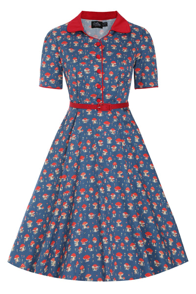 Front view of Red Mushroom Shirt Dress in Blue