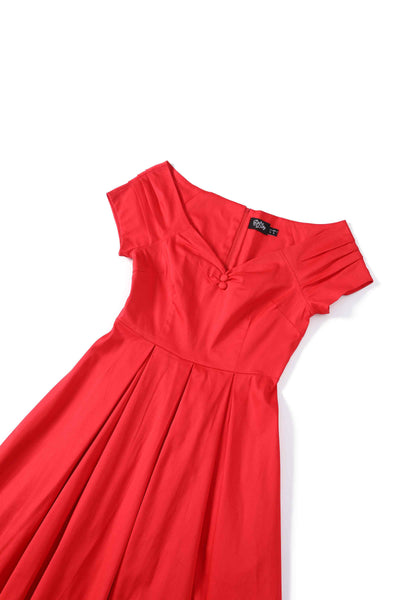 Close up view of Red Off Shoulder Midi Dress