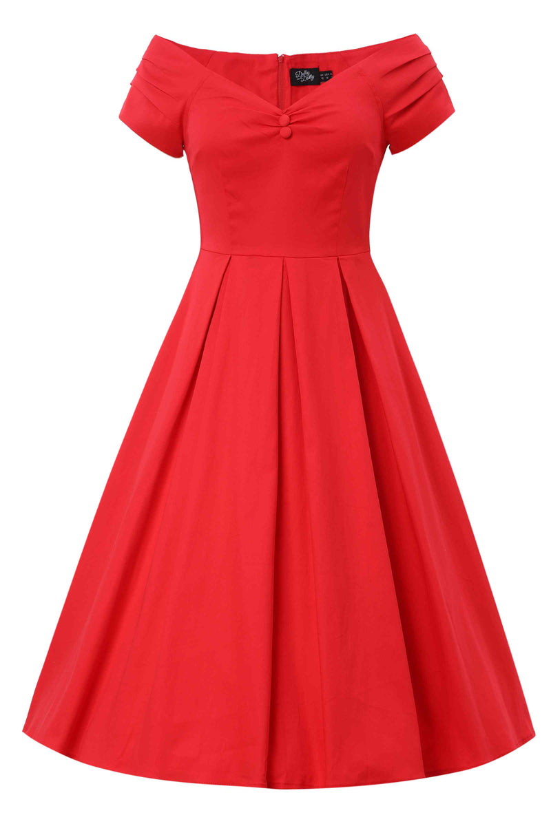 Front view of Red Off Shoulder Midi Dress