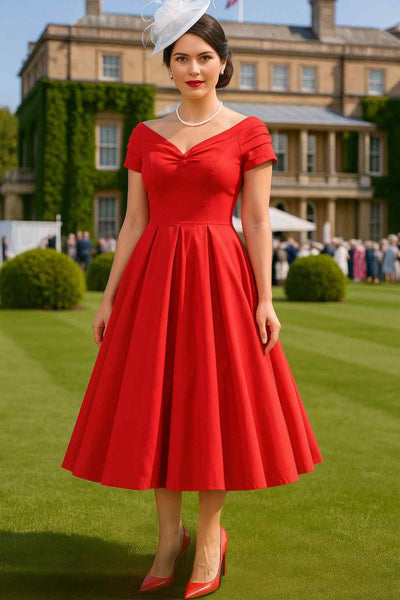 A model wearing a Lily Red Off Shoulder Midi Dress