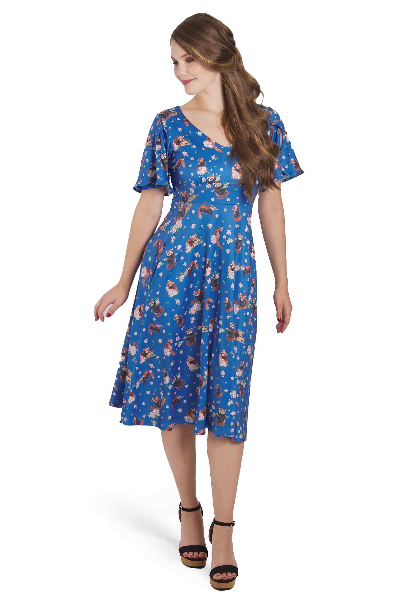 Model photo of Blue Short Sleeved Tea Dress in Red Panda Print