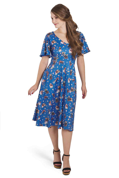 Model photo of Blue Short Sleeved Tea Dress in Red Panda Print