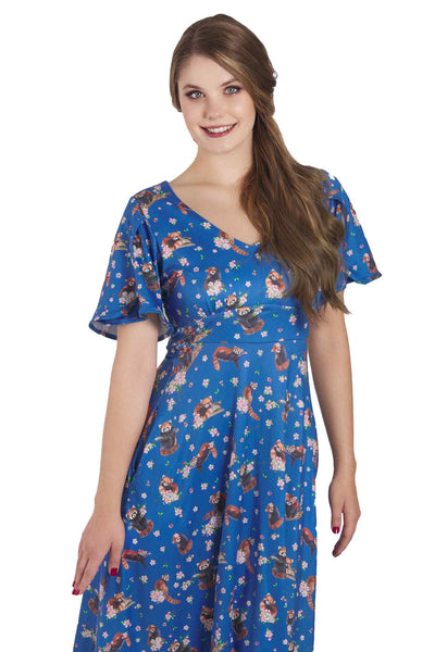 Model photo of Blue Short Sleeved Tea Dress in Red Panda Print