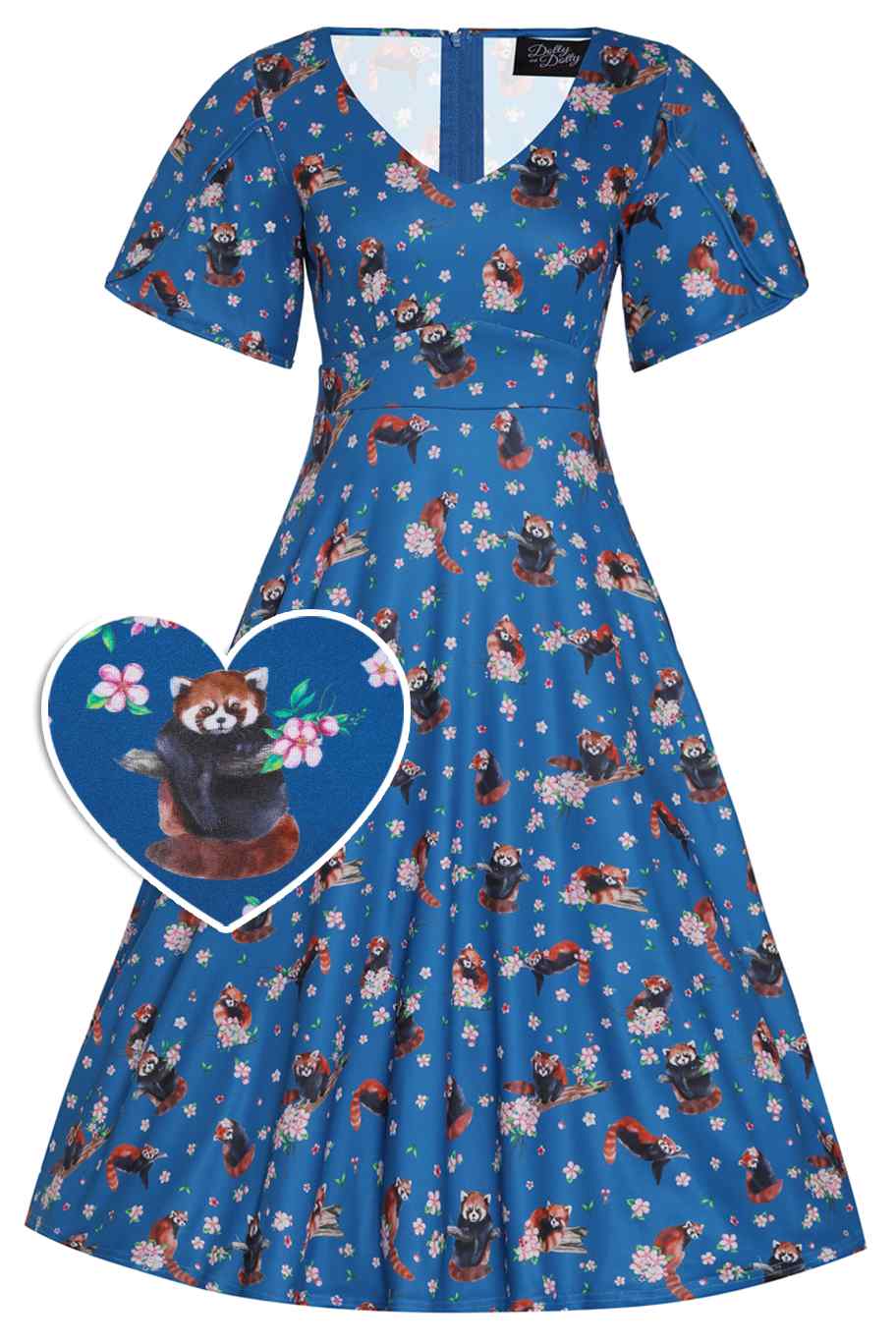 Janice Blue Short Sleeved Tea Dress in Red Panda Print