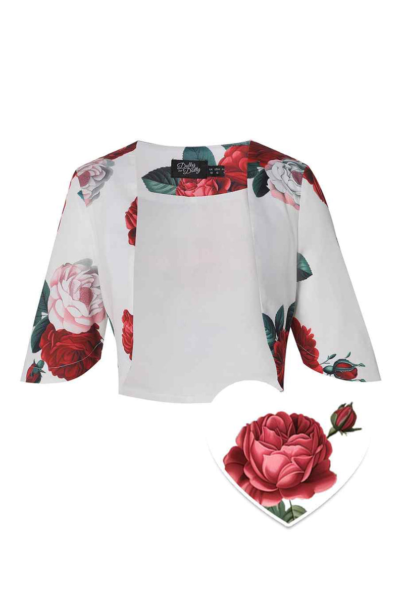 Front view of Red Peony in White Bolero Jacket