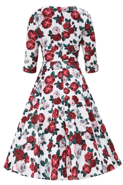 Back view of Red Peony Midi Dress In White