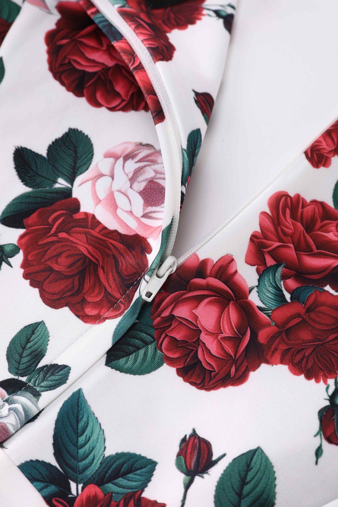 Close up view of Red Peony Midi Dress In White