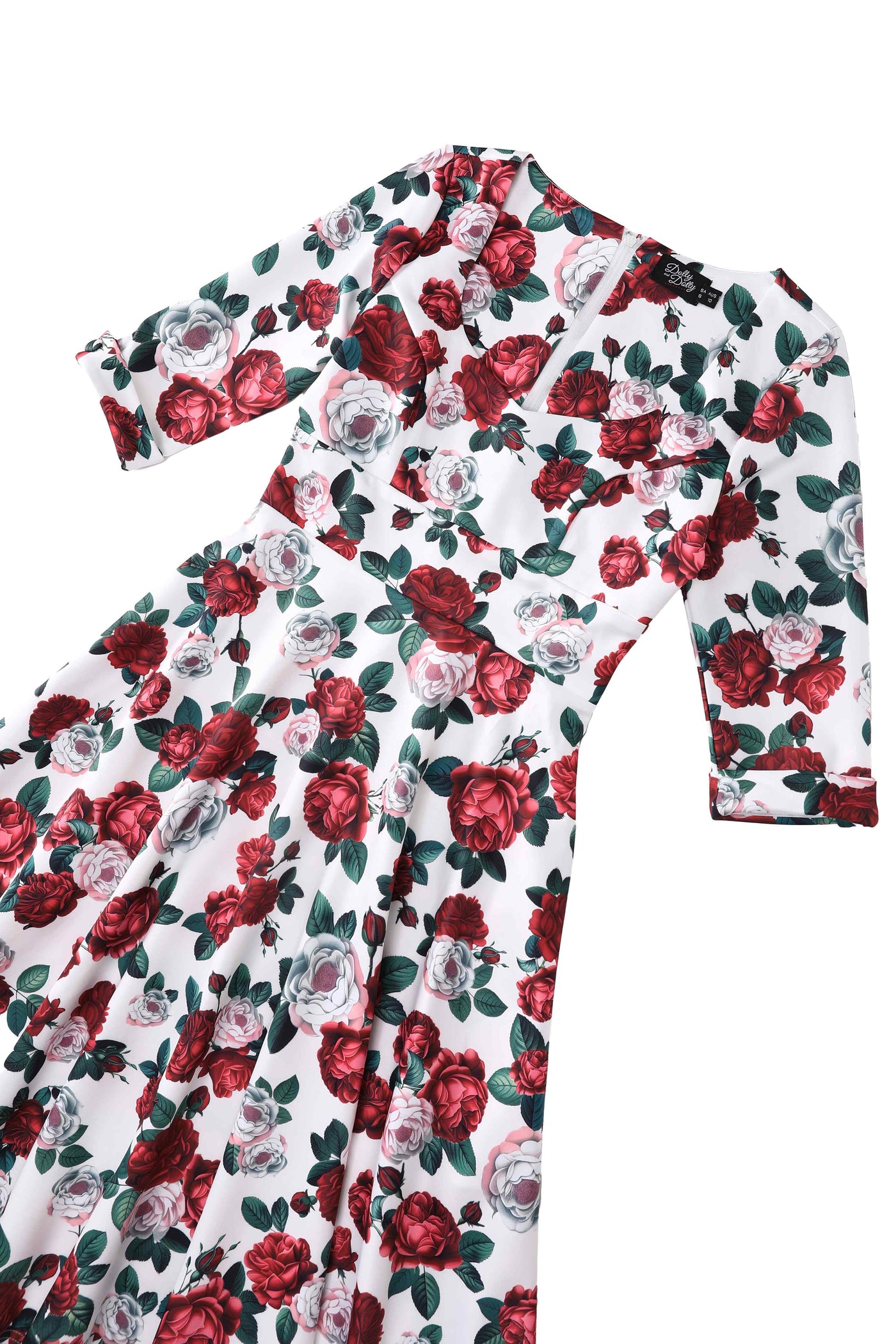 Close up view of Red Peony Midi Dress In White