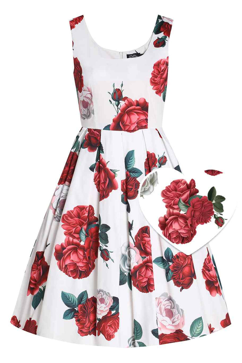 Front view Red Peony Swing Dress In White