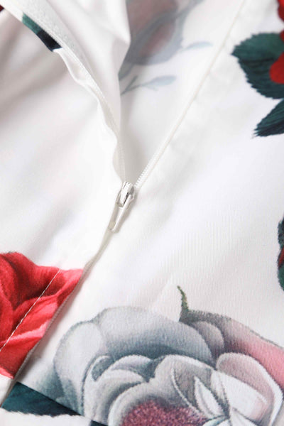 Close up view of Red Peony Swing Dress In White
