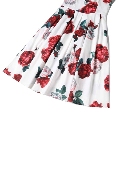 Close up view of Red Peony Swing Dress In White