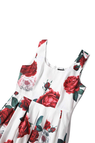 Close up view of Red Peony Swing Dress In White